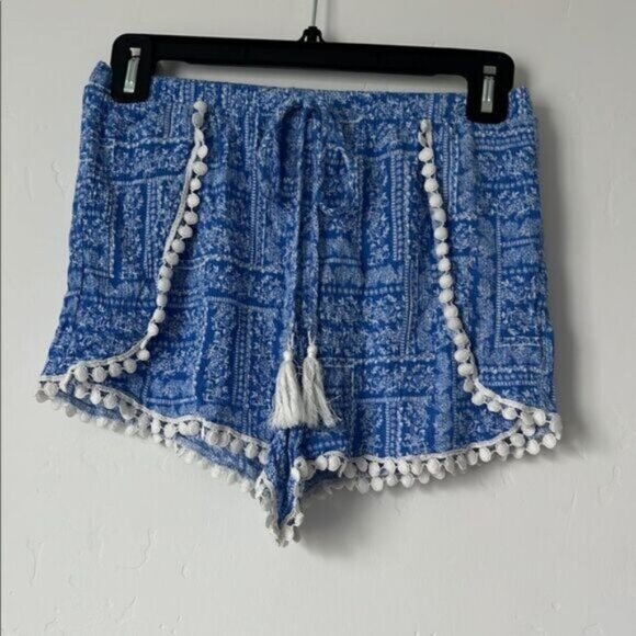 Altar’d State Floral Pom Pom Shorts Blue Tassel Tie Boho Small ⭐️ - Picture 1 of 3